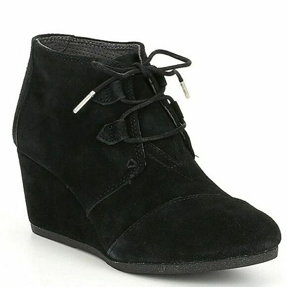Toms Black Kala Lace-Up Suede Ankle Wedge Heeled Booties - Picture 1 of 8